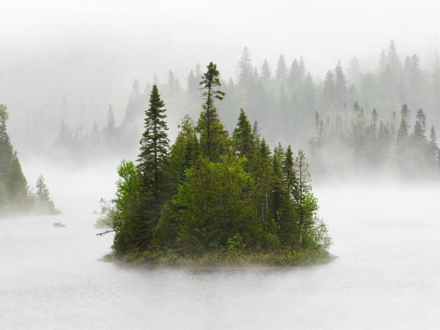 芬顿湖中雨雾缭绕的小岛，苏必利尔湖省立公园，加拿大安大略省